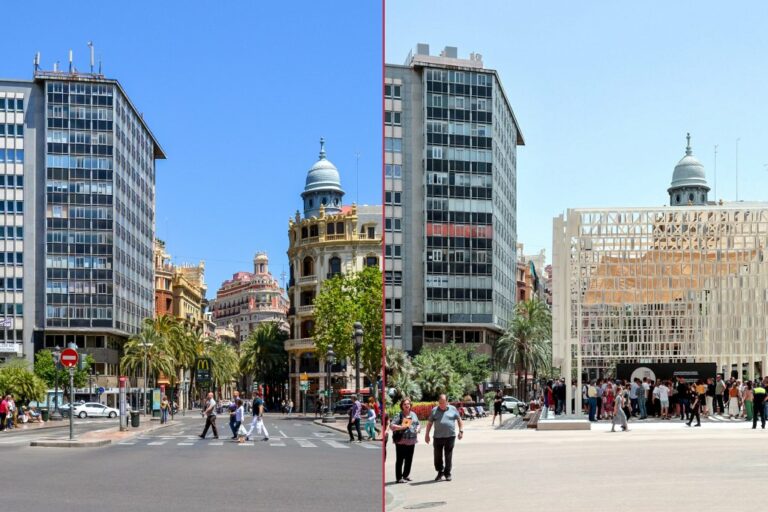 Plaça de l'Ajuntament vor und nach der Verkehrsberuhigung, links Fahrbahn und Zebrastreifen, rechts Fußgängerzone und Pavillon