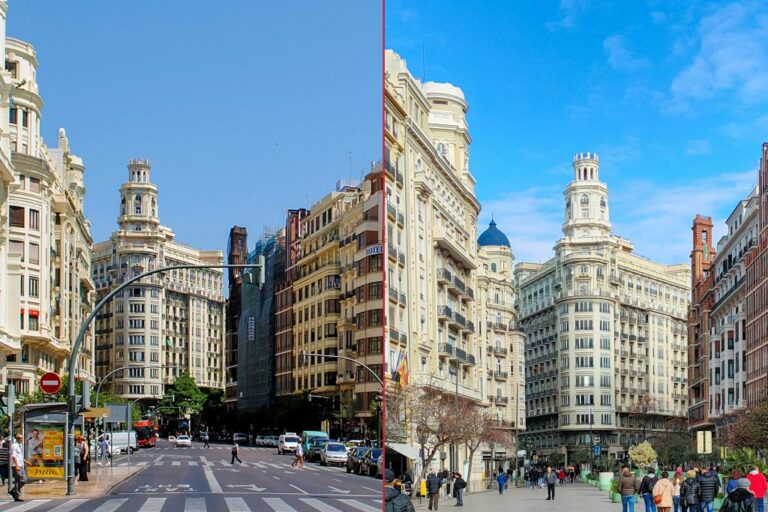 Plaça de l'Ajuntament vor und nach der Verkehrsberuhigung, historische Gebäude