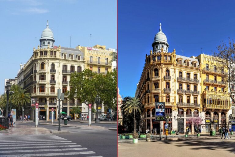 Platz in Spanien vor und nach der Verkehrsberuhigung, historische Gebäude, Palmen, Bäume