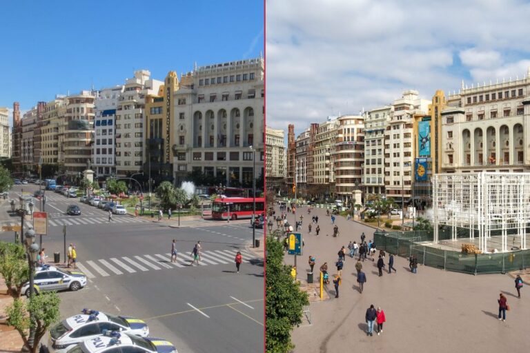 Plaça de l'Ajuntament, Plaza del Ayuntamiento, Platz in Spanien vor und nach der Verkehrsberuhigung
