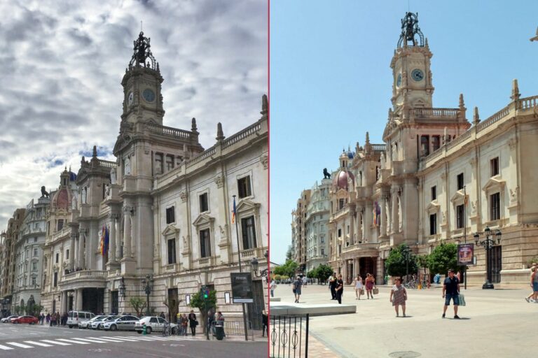 Plaça de l'Ajuntament, Plaza del Ayuntamiento, Platz in Spanien vor und nach der Verkehrsberuhigung, Rathaus (Ayuntamiento)