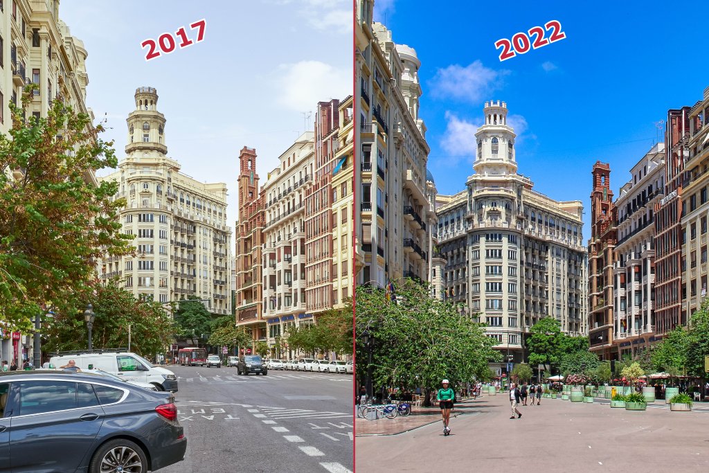 Plaça de l'Ajuntament, Plaza del Ayuntamiento, Platz in Spanien vor und nach der Verkehrsberuhigung