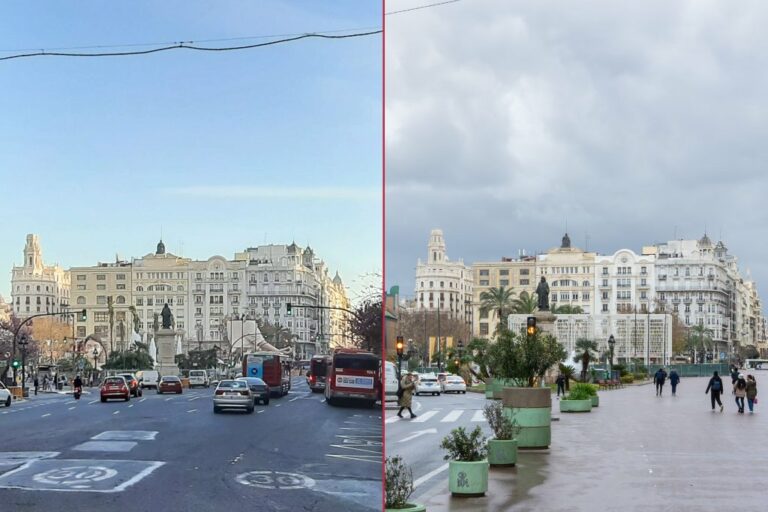 Plaça de l'Ajuntament vor und nach der Verkehrsberuhigung, Statue