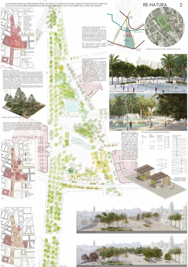 Grafiken und Beschreibung des Wettbewerbsbeitrags für die Umgestaltung der Plaça de l'Ajuntament in Valencia
