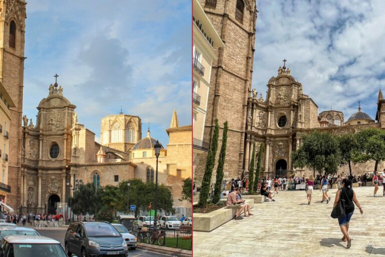 Platz in Valencia vor und nach dem Umbau zur Fußgängerzone, Kathedrale