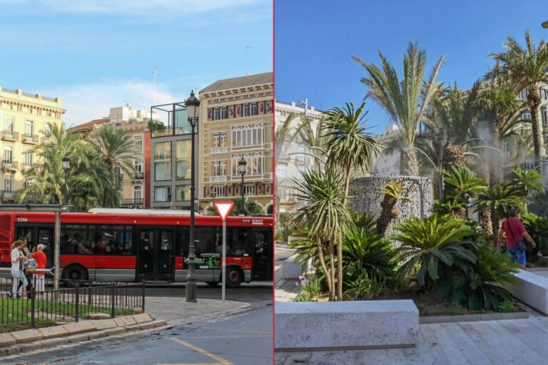 Plaça de la Reina im Zentrum von Valencia (Spanien) vor und nach dem Umbau, links ein Autobus, rechts Palmen