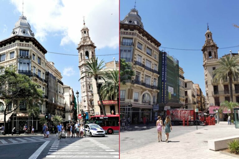 Platz im Zentrum von Valencia vor und nach dem Umbau