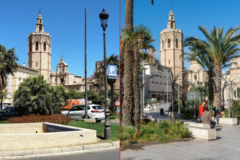 Platz im Zentrum von Valencia vor und nach dem Umbau