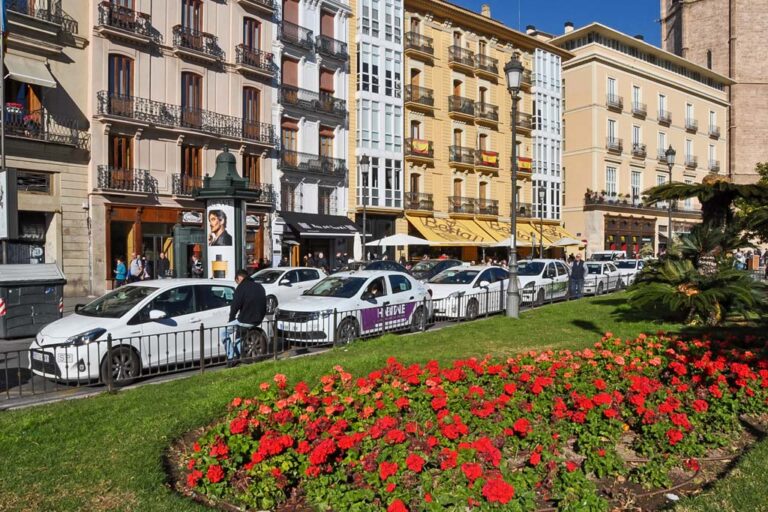 Plaça de la Reina in Valencia, Blumen, Rasen, parkende Autos, Häuserzeile