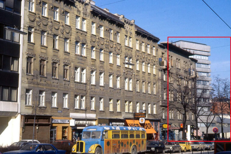 Jugendstilhäuser und Bürohaus in der Wiedner Hauptstraße in den 1980er-Jahren