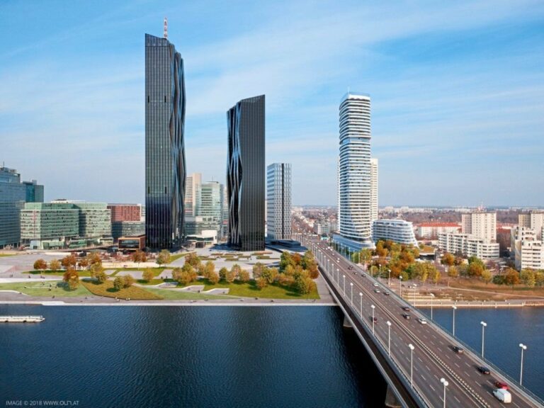 Rendering von Hochhäusern in der Donau City in Wien, Reichsbrücke, DC Towers, Danube Flats