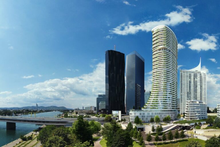 Rendering von Hochhäusern in der Wiener Donaucity, im Vordergrund Danube Flats, dahinter DC Towers