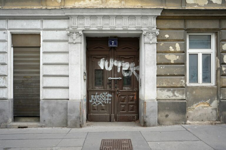 Eingangstür des Gründerzeithauses Hauffgasse 7 in Wien-Simmering, Historismus-Dekor