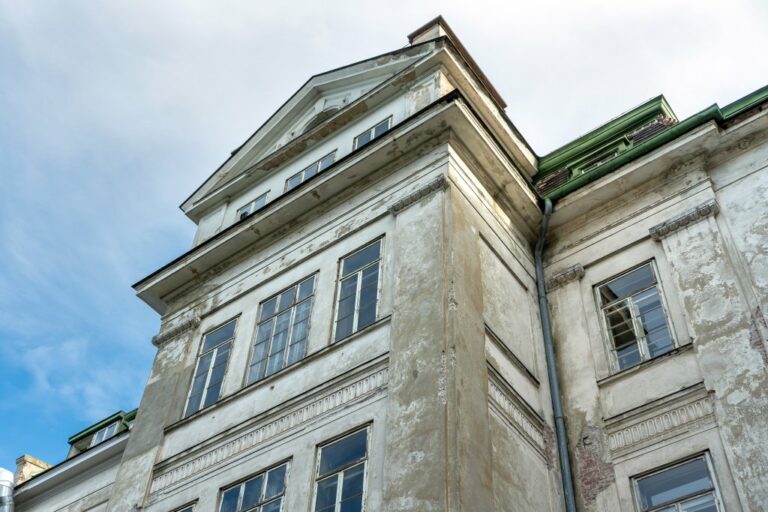 Risalit der Kinderklinik, Gesims, Dach, schadhafte Fassade