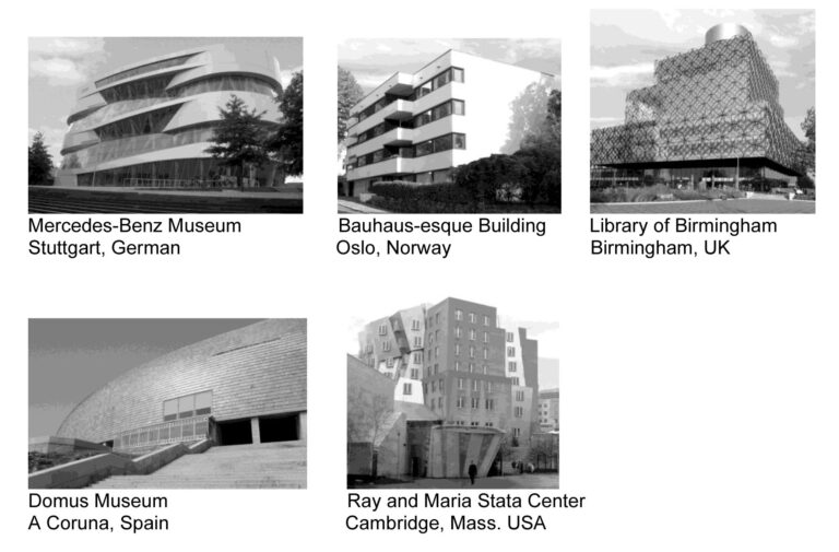 fünf Gebäude aus einer Architekturstudie