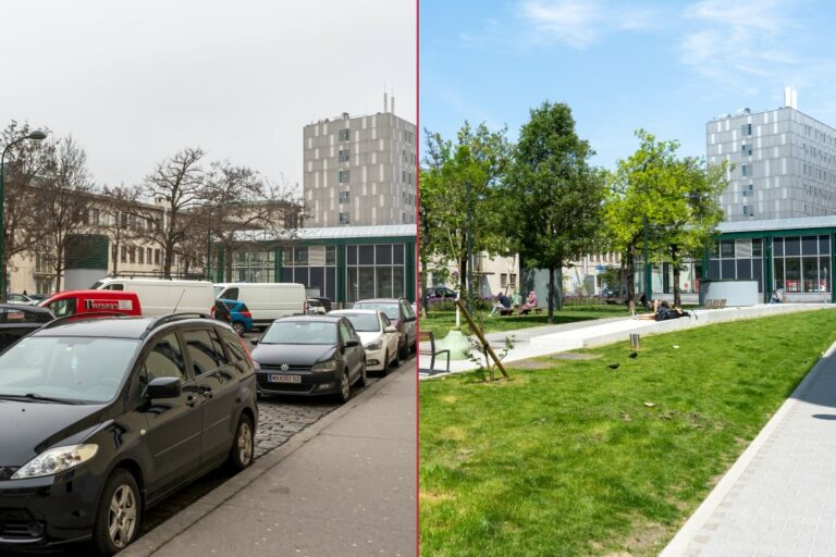 Langauergasse vor und nach der Umgestaltung, links parkende Autos, rechts Park, Westbahnhof, Bürogebäude, U3-Station