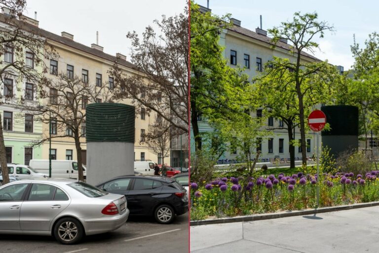 Langauergasse vor und nach der Umgestaltung, links Autos, rechts Park