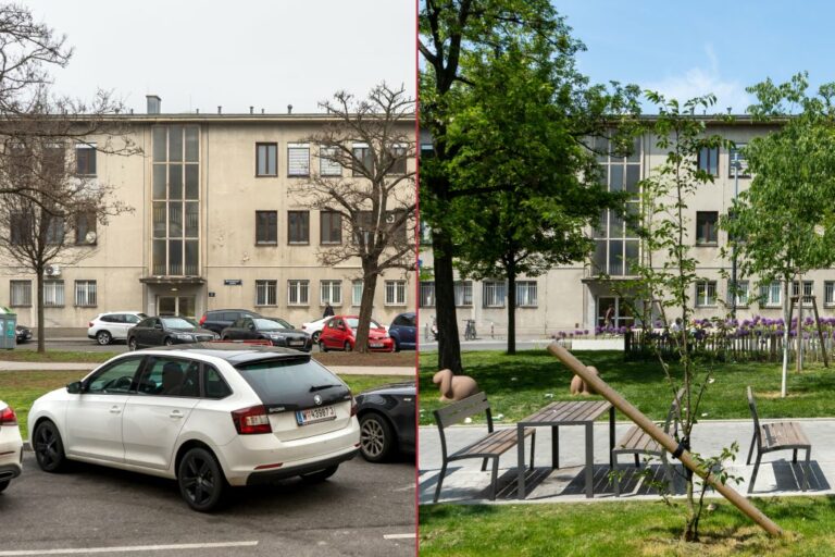 Langauergasse hinterm Wiener Westbahnhof, links parkende Autos, rechts Park