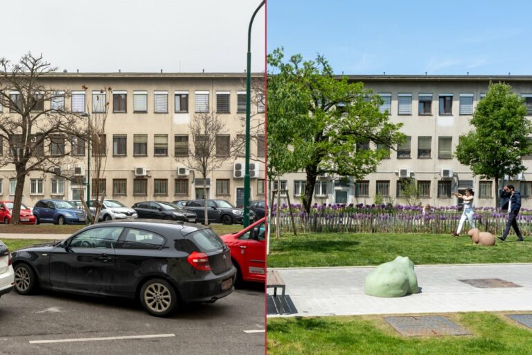 Langauergasse hinterm Wiener Westbahnhof, links parkende Autos, rechts Park und Leute