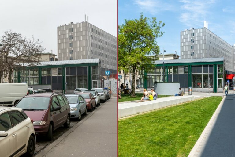 Langauergasse vor und nach der Umgestaltung, links parkende Autos, rechts Park, Westbahnhof, Bürogebäude, U3-Station