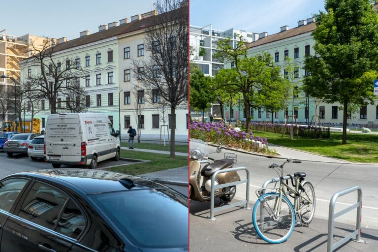 links parkende Autos, rechts Motorroller, Rad, Park, 1150 Wien