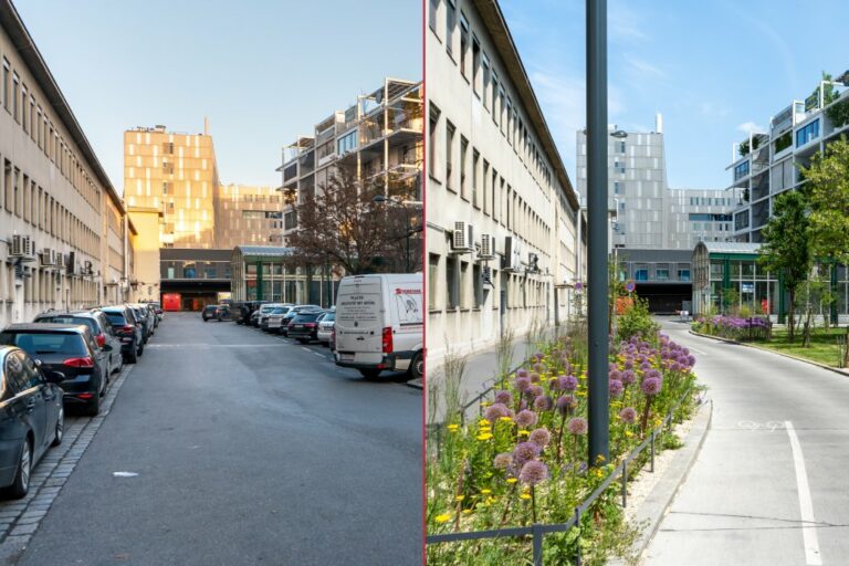 Gasse hinter dem Wiener Westbahnhof, links mit parkenden Autos, rechts Grünflächen und Fahrbahn