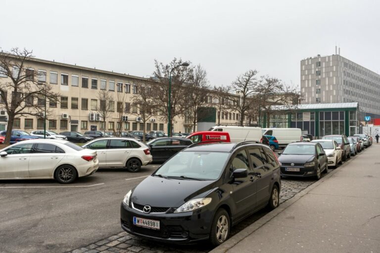 parkende Autos, Bäume, dahinter der Westbahnhof, Wien, Rudolfsheim-Fünfhaus