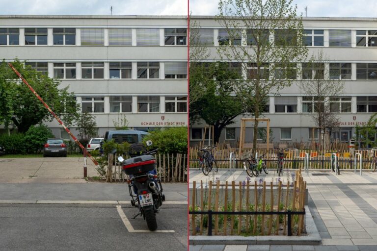Schule der Stadt Wien, links mit Parkplatz und Schranken, rechts mit Grünflächen, Radbügeln und Bänken