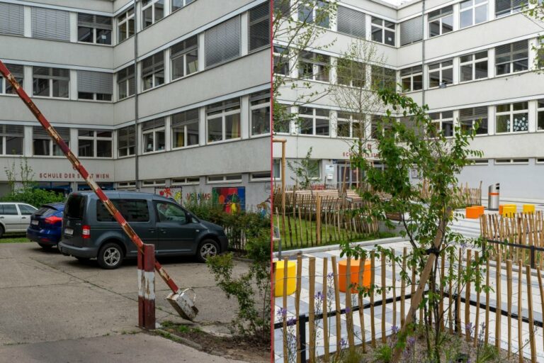 Schule der Stadt Wien, links Parkplatz, rechts Grünflächen