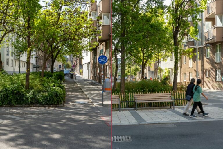 Pfeilgasse bei der Stolzenthalergasse, links vor der Umgestaltung, rechts nach der Umgestaltung