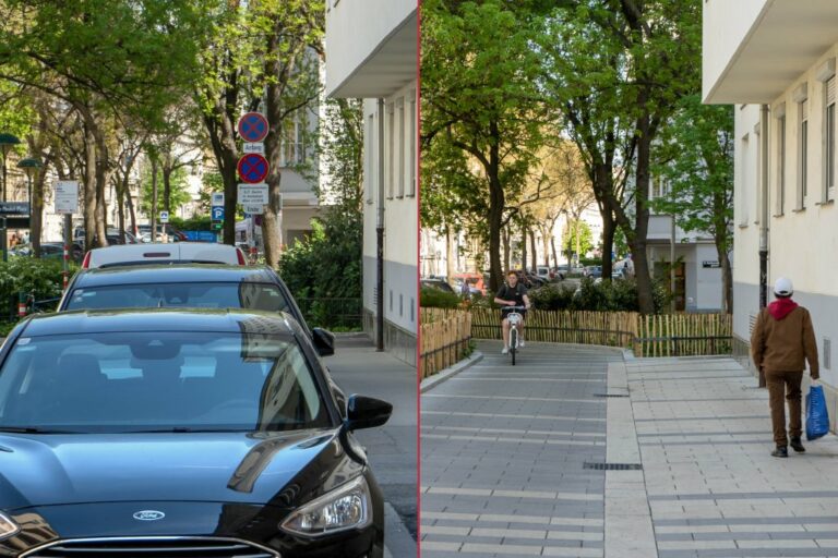 Pfeilgasse, Lisette-Model-Platz, links parkende Autos, rechts Radfahrer und Fußgänger