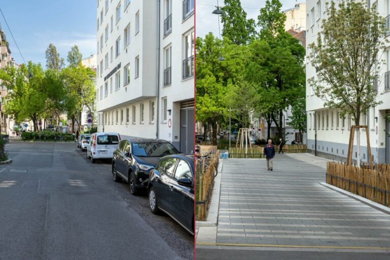 Pfeilgasse vor und nach der Umgestaltung und Verkehrsberuhigung