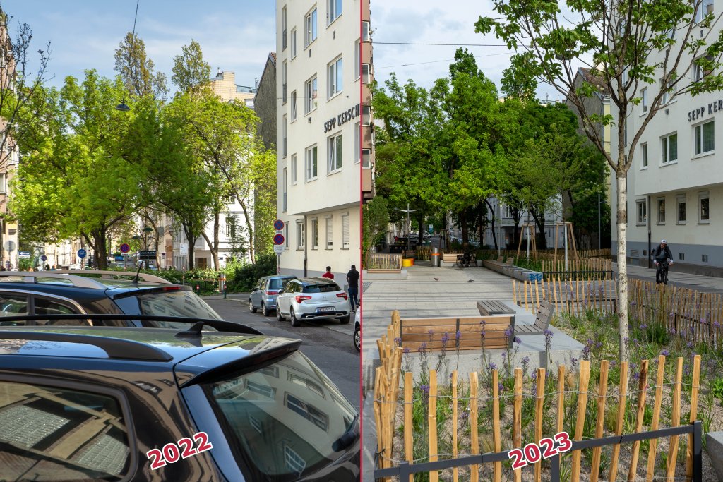 links parkende Autos, rechts Grünflächen und verkehrsberuhige Fläche