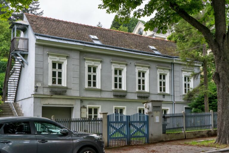 Altbau in der Cobenzlgasse 69, Historismus, Fassade, Bäume, Gartenzaun, Auto