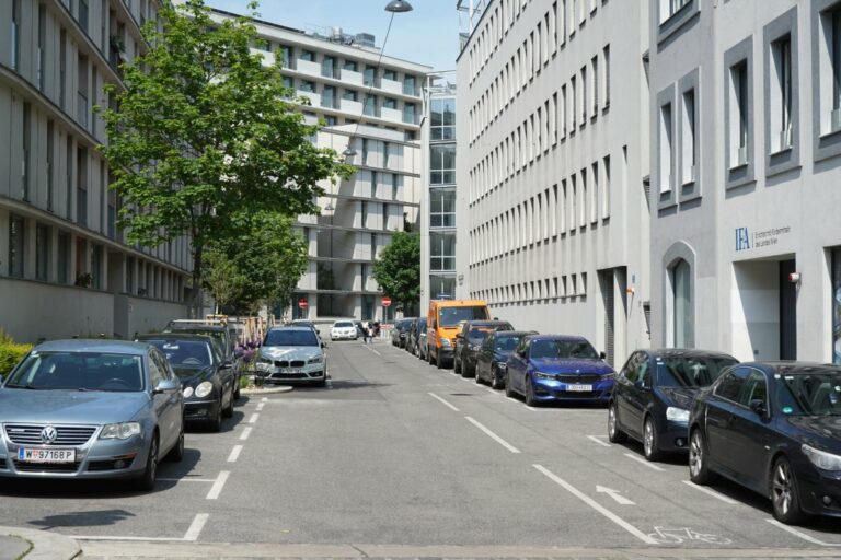 Gasse in 1150 Wien, Bäume, parkende Autos, Gebäude, Radweg