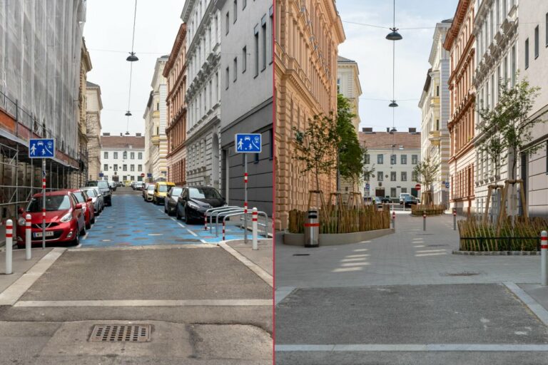 Gasse in Wien, links eine Wohnstraße mit Parkplätzen, rechts eine Fußgängerzone mit Bäumen