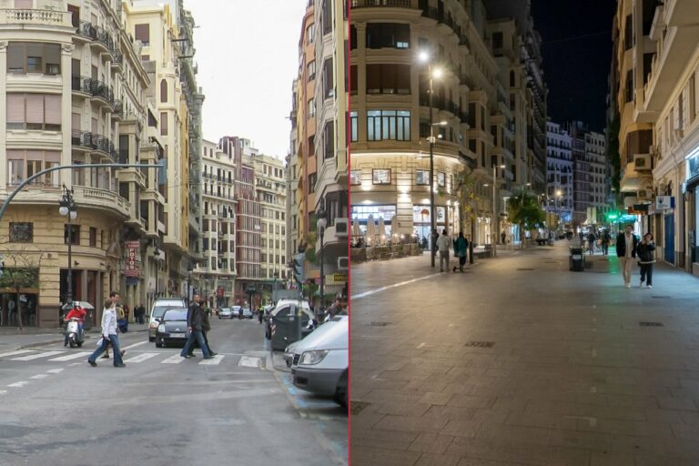 Placa del Mercat vor und nach dem Umbau zur Fußgängerzone