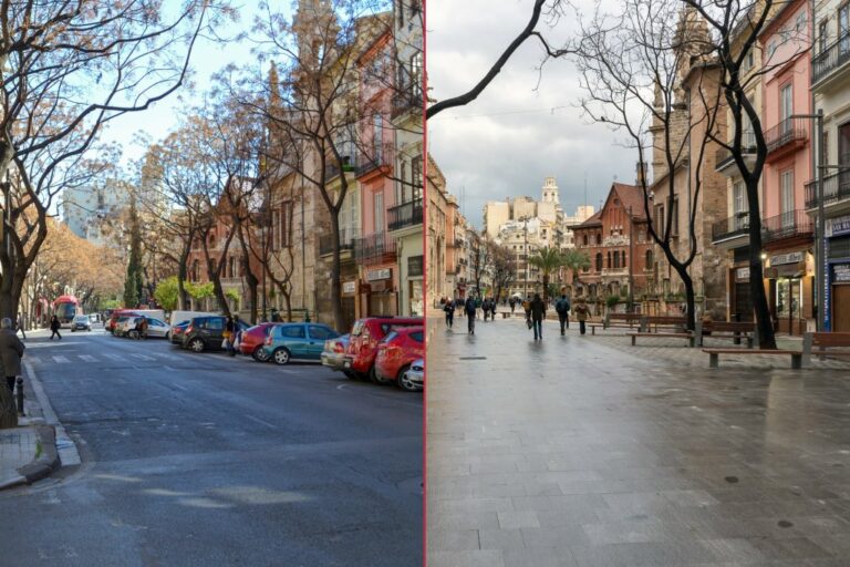 Plaça del Mercat in Valencia vor und nach der Umgestaltung zur Fußgängerzone