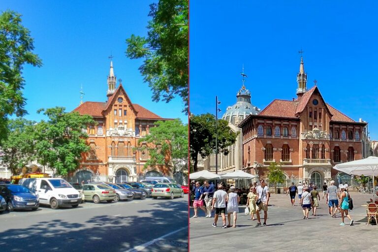 links Straße mit parkenden Autos, rechts Fußgänger