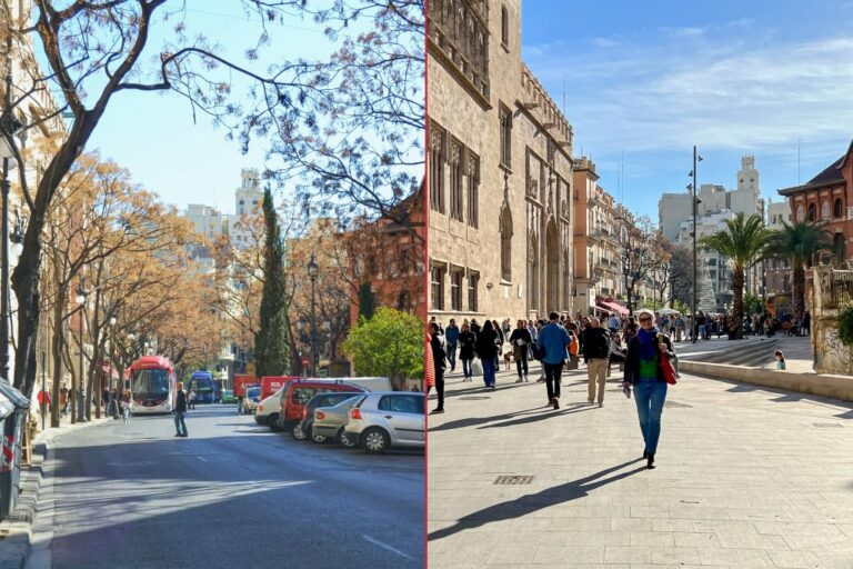 Plaça del Mercat in Valencia vor und nach der Umgestaltung zur Fußgängerzone