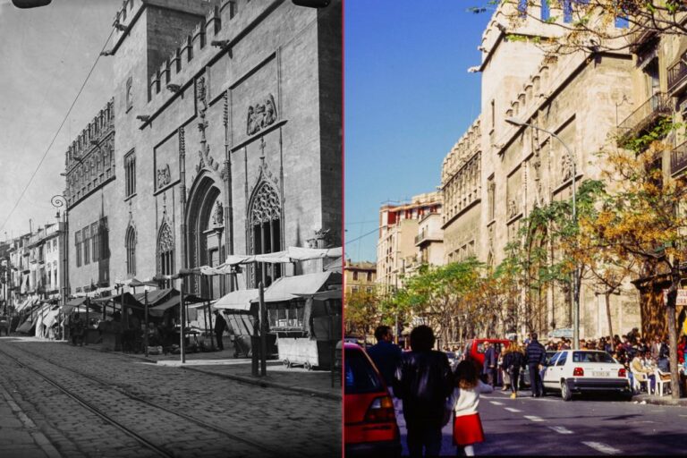 historisches Gebäude in Valencia, links altes Foto mit Marktständen, rechts Foto aus den 1990ern mit Bäumen, Autos und Personen