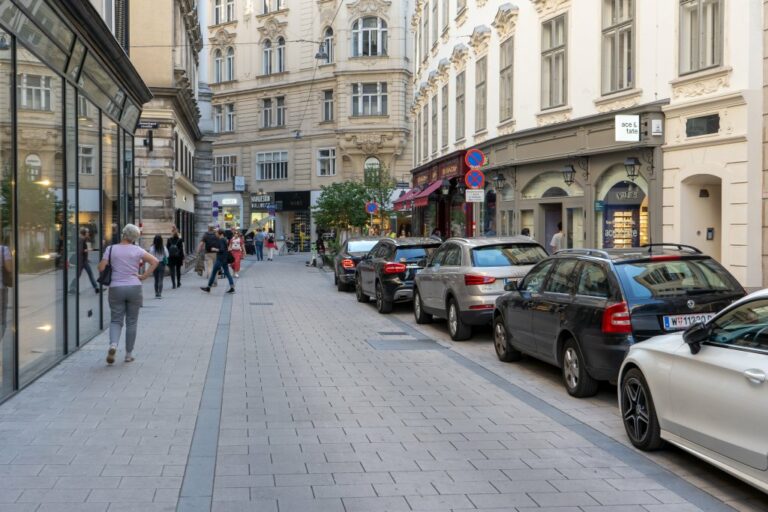 Begegnungszone mit parkenden Fahrzeugen