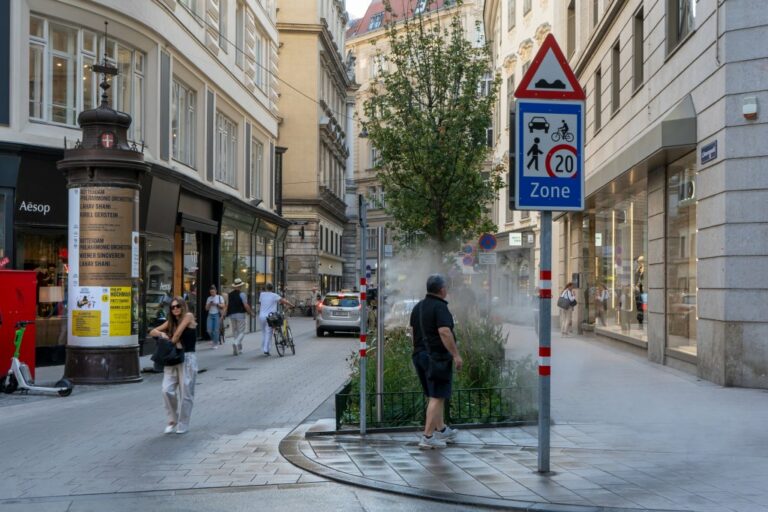 Fußgänger und Auto in einer Begegnungszone, Sprühnebel, Baum, Straßenschild, Litfaßsäule