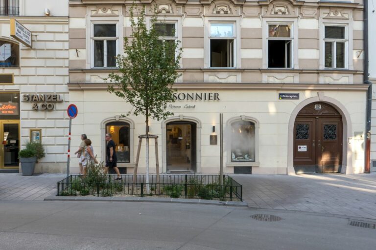 Gebäude Petersplatz 10 mit Baum und Sprühnebel-Stele