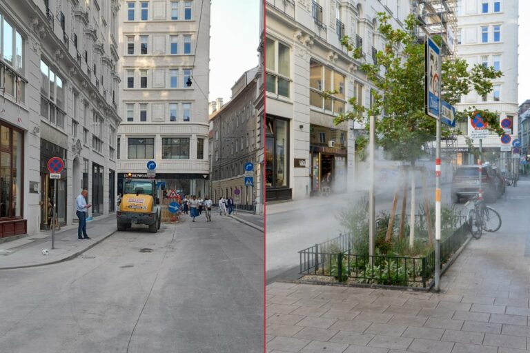 Milchgasse vor und nach der Umgestaltung, links Baumaschine, rechts Baum und Sprühnebel-Stele