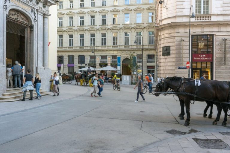 Fiaker, Fußgänger und Radfahrer vor dem Portal der Peterskirche in Wien