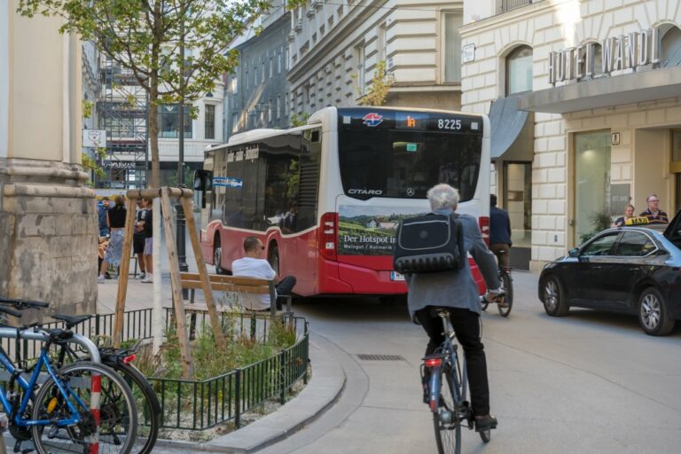 Radfahrer, Autobus, Taxi, Hotel Wandl, Bäume