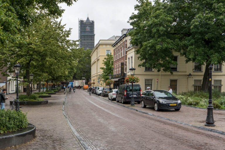 Straße mit Bäumen, Autos, alten Gebäuden, Kirchturm