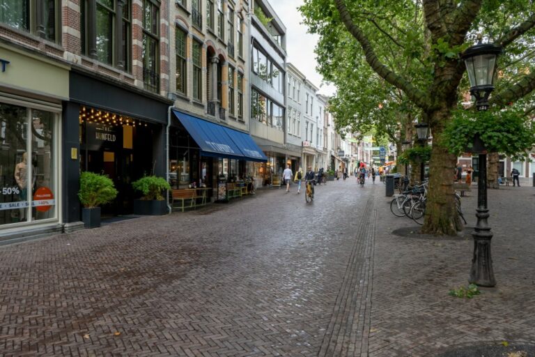 Radfahrer und Fußgänger auf einer gepflasterten Straße mit Bäumen im Stadtzentrum von Utrecht