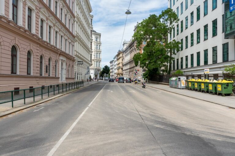 Straße in Mariahilf, links Gebäude im Stil des Historismus mit Fassadendekor, rechts TU Wien, Müllcontainer, Baum